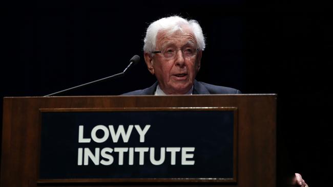 Frank Lowy speaking at the Lowy Institute dinner at Sydney Town Hall on Thursday night. Picture: Jane Dempster/The Australian.