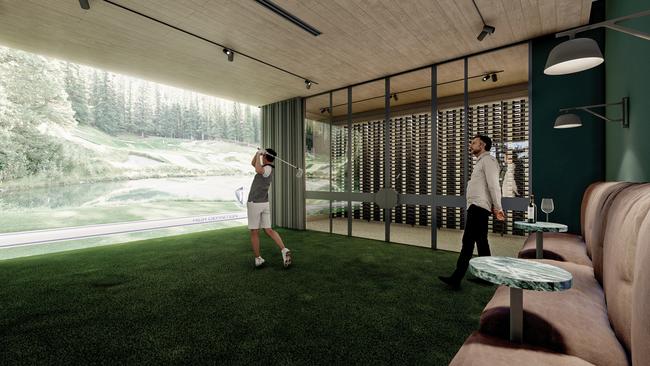 A render of a golf driving range simulator with seats and a wine cellar being installed in a house in Red Hill. Picture: Shaun Lockyer Architects