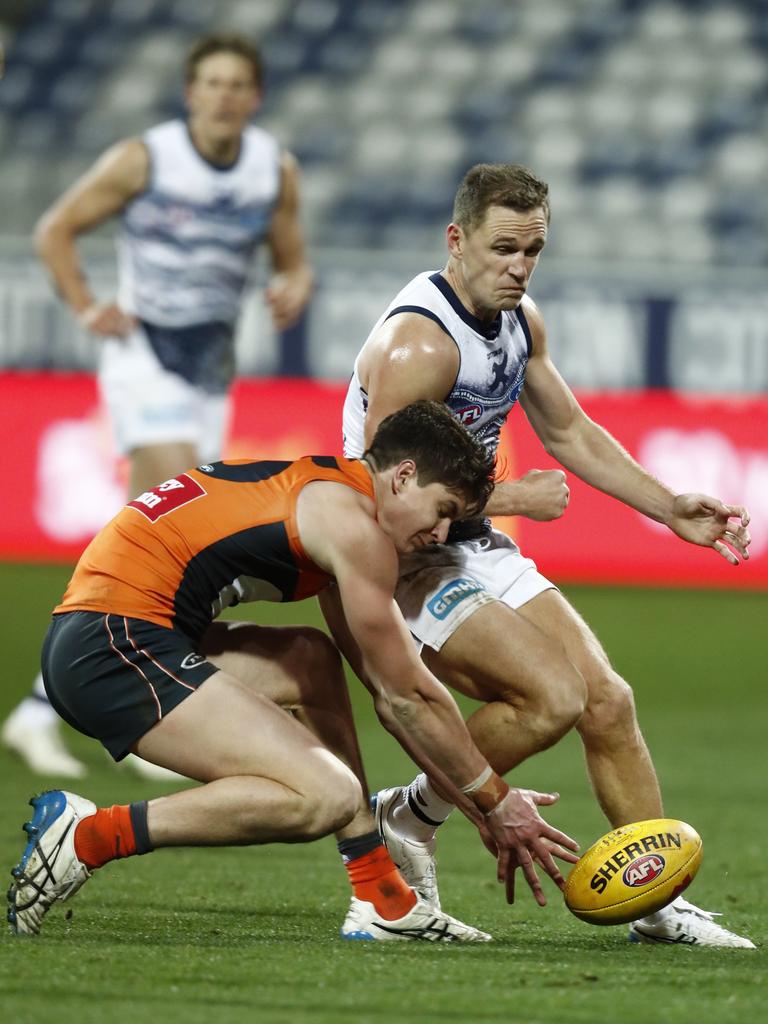 Taylor also cpped a high bump from Joel Selwood. Picture: Darrian Traynor/Getty Images