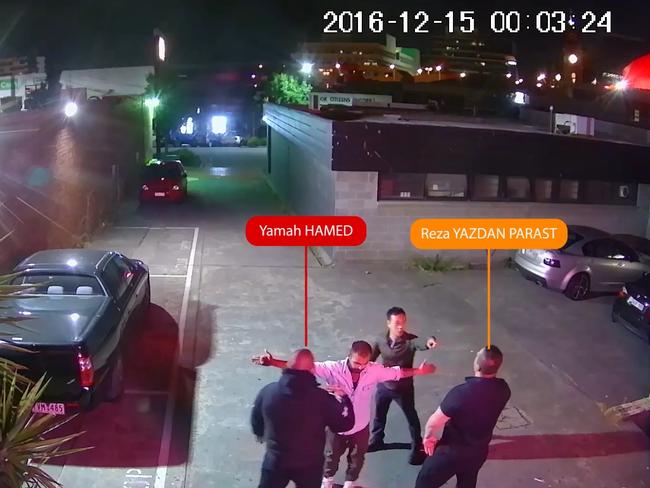 CCTV footage of an assault outside the Sin City strip club in Dandenong. Iranian bouncer Reza Yazdan Parast avoided possible deportation after being sentenced to community service without a conviction.