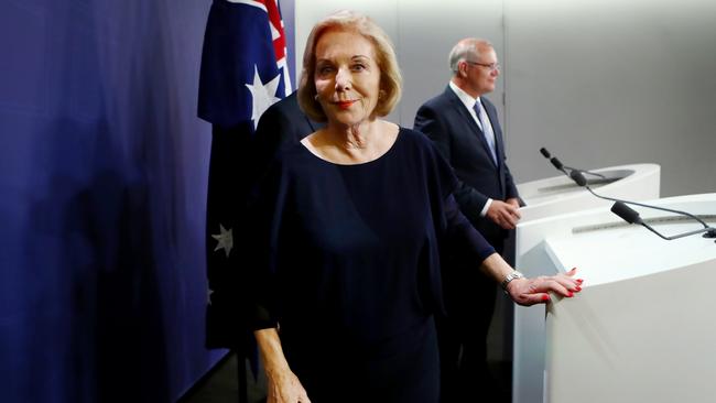 Scott Morrison and Ita Buttrose in Sydney yesterday for the announcement of Buttrose’s appointment as the new ABC chairwoman. Picture: Hollie Adams