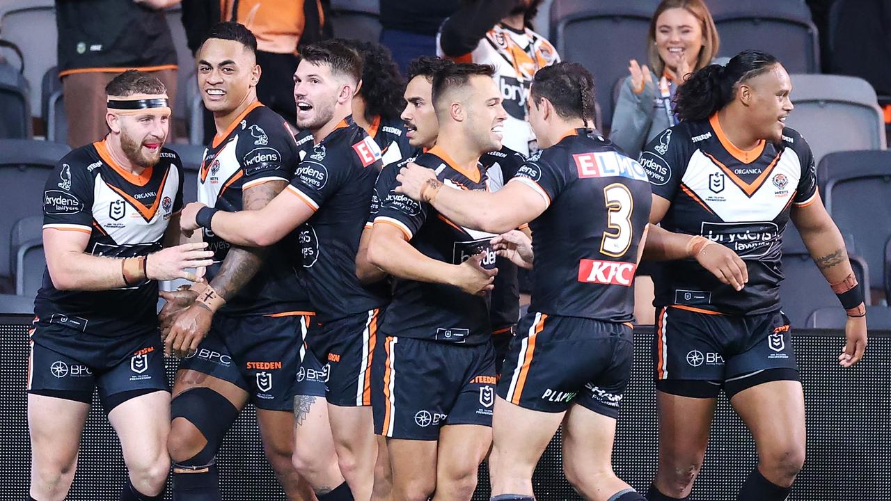 Ken Maumalo (second from left) after scoring on the weekend. He suffered a hamstring injury at training on Tuesday (Photo by Mark Kolbe/Getty Images)