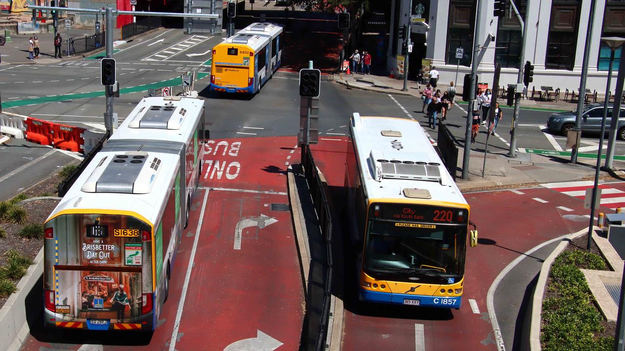 Brisbane’s TransLink buses operating near the South Bank interchange. Photo: David Clark.