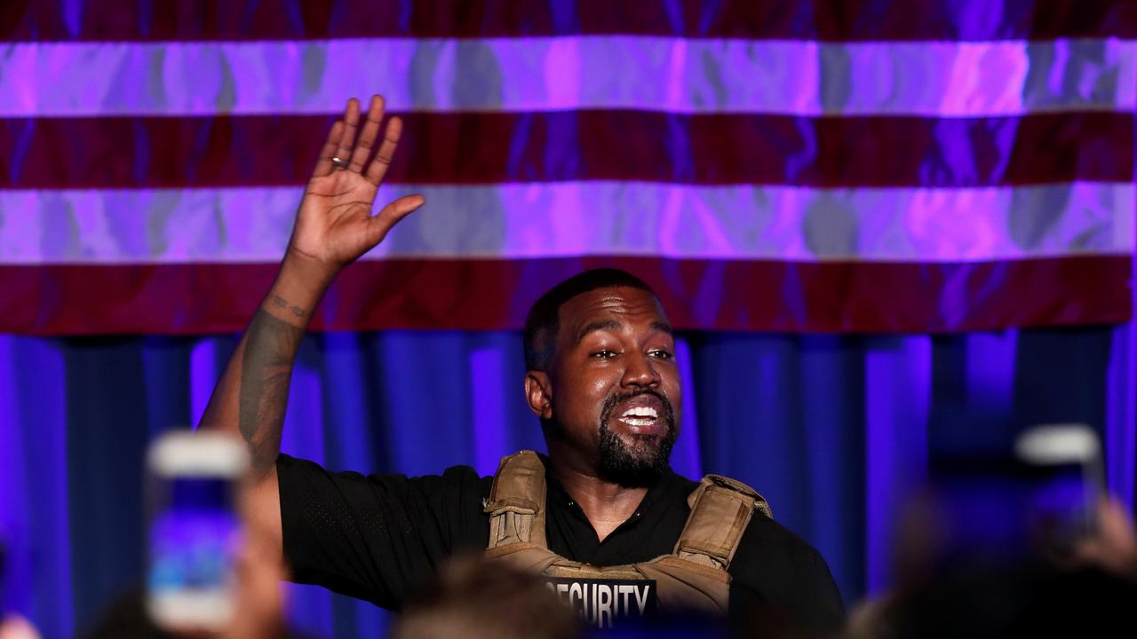 Rapper Kanye West got emotional in his first rally and had to pull out of the presidential race. Picture: Reuters/Randall Hill