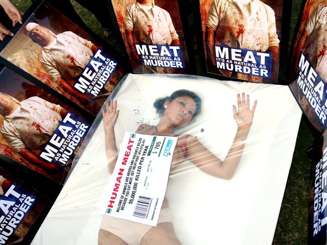 An animal liberation protester in Brisbane demonstrates in an oversized meat tray. Picture: Peter Wallis