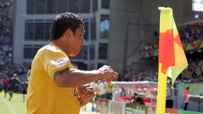 Tim Cahill treats the world to his famous celebration after scoring Australia’s first World Cup goal.