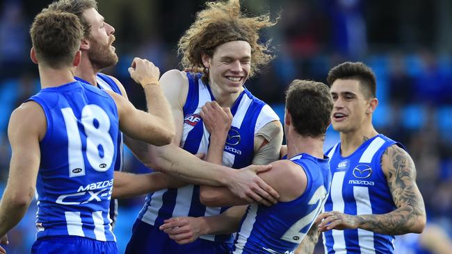 Ben Brown in congratulated after kicking a goal. Picture: AAP Images