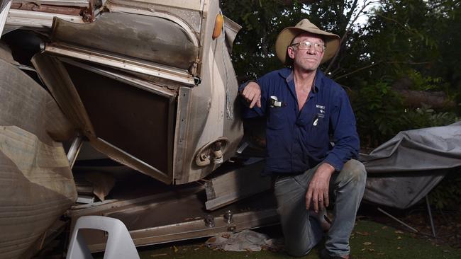 Darwin forklift operator Peter Jones was in Adelaide having a quadruple heart bypass operation when Cyclone Marcus hit and a huge mahogany tree fell on and completely crushed his caravan. Picture: Keri Megelus