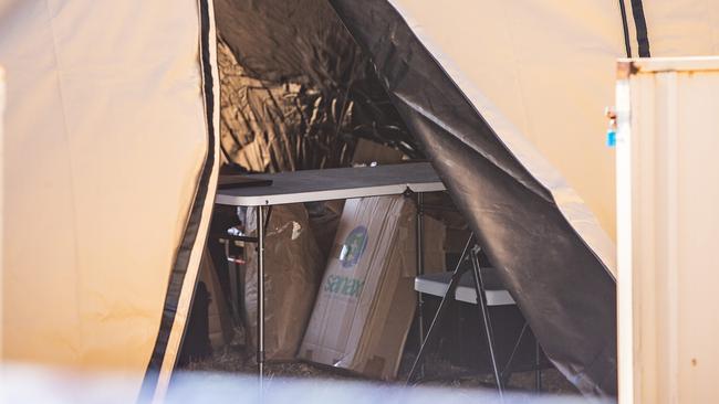 More bags of evidence inside the forensic tent in the front yard of Kelly’s place. Picture: Kelsey Reid/The West Australian