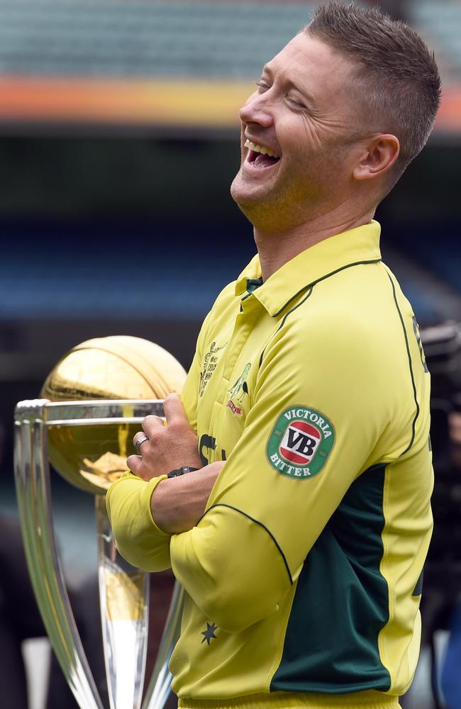 Michael Clarke shares a laugh with Brendon McCullum.