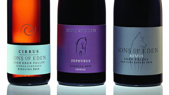 Sons of Eden 2016 Cirrus High Eden Valley riesling, 2015 Zephyrus Barossa shiraz and 2014 Remus Eden Valley shiraz.