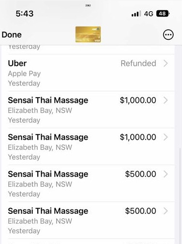 Multiple payments were made to the Sydney massage parlour.