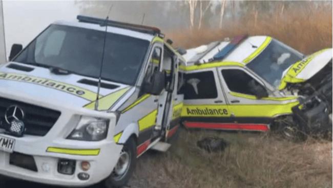 The two ambulances involved in a crash after attending an earlier crash involving three B Double trucks south of Gladstone. Photo: 9 News.