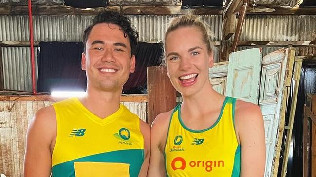 Australian Men's Netball Team player Liam Forcadilla with Diamonds star Kiera Austin.