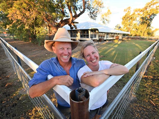 17/12/2021: Now in much happier times a couple of years on from the cattle killing floods a few years ago, Patrick and Edwina Hick on their property, Argyle, just outside of Julia Creek, in north west outback QLD.   Lyndon Mechielsen/The Australian