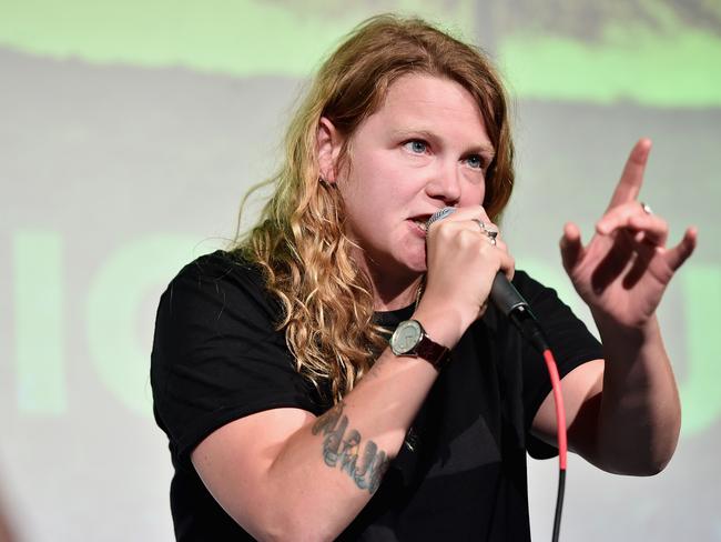 LOS ANGELES, CA - FEBRUARY 11: Recording artist Kate Tempest performs onstage during the P&E Wing Event honoring Rick Rubin at The Villiage Studios on February 11, 2016 in Los Angeles, California. (Photo by Alberto E. Rodriguez/WireImage)