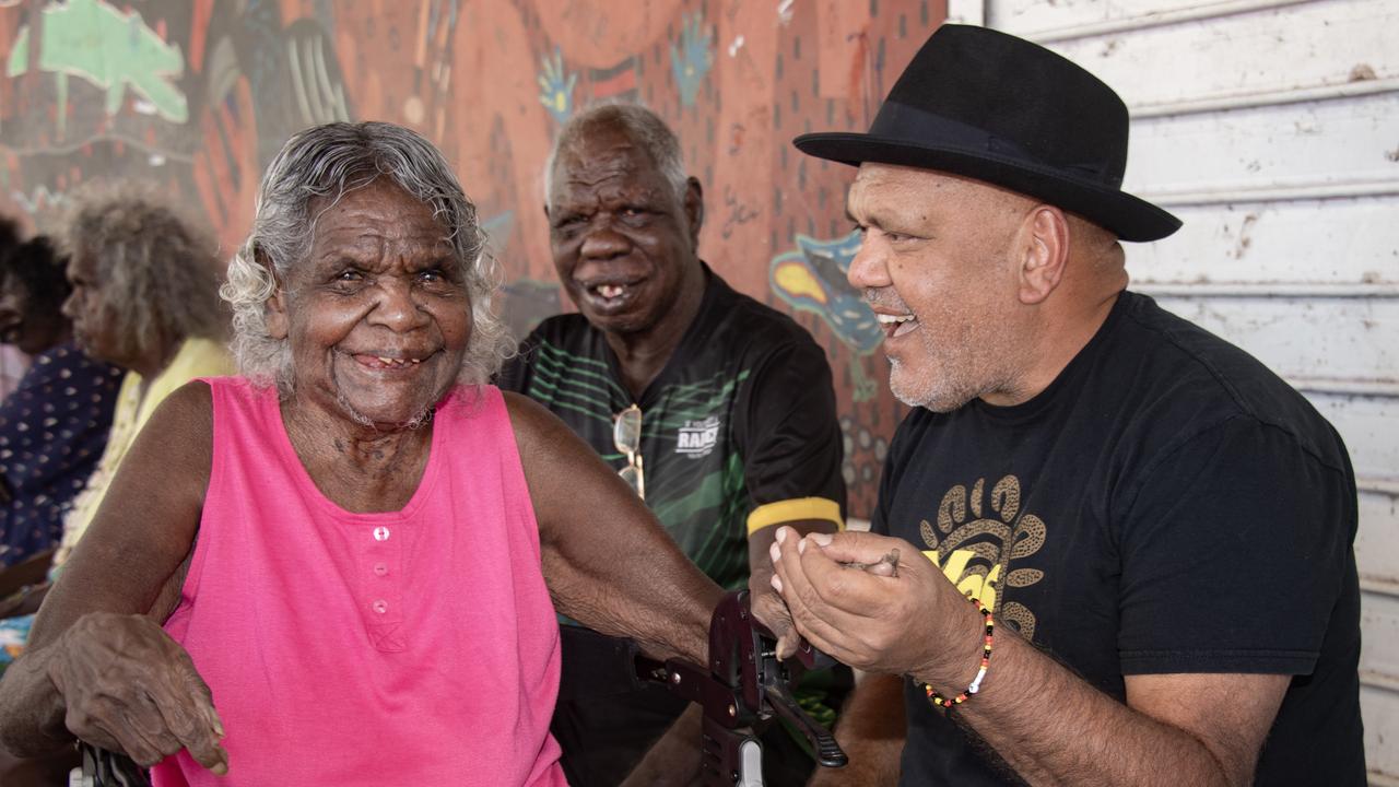 Noel Pearson meets 91 year old Aurukun elder Bertha Yunkaporta ahead of remote voting starting in Far North Queensland. Picture: Brian Cassey