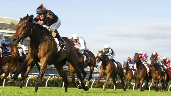 Defibrillate dashed away to win the Summer On The Roof Garden Handicap at Flemington. Picture: AAP