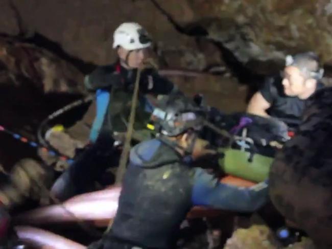 Scenes captured by the Thai Navy Seal Facebook page of the rescue of the boys and their coach in the cave in Thailand. Picture: Supplied