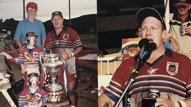 Jarrod Wallace and dad Craig Wallace at Mudgee Dragons after their 2002 premiership win. Picture: Supplied