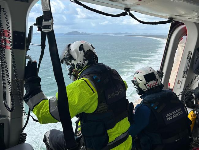 The Hunter Westpac rescue helicopter crew searching for the missing helicopter between Yacaaba Headland and Broughton Island at Port Stephens on October 27, 2023.