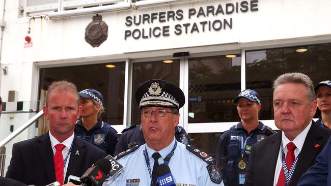 Queensland Police Commissioner Ian Stewart on the Gold Coast along with Police Union of Employees President Ian Leavers and Brian Wilkins when representing the Queensland Police Commissioned Officers Union. Pic by David Clark