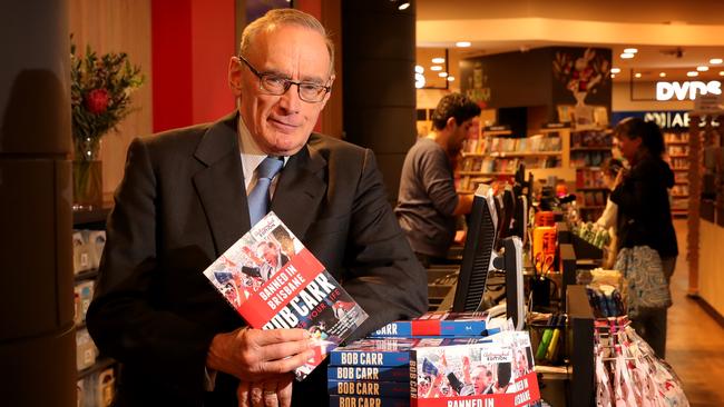 Bob Carr has now added a “Banned in Brisbane” banner to his book. (Pic: Stuart McEvoy)