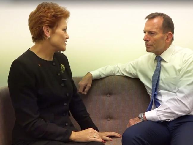 30/08/2016 Pauline Hanson and Tony Abbott appear in a video together which she posted to her Facebook page.