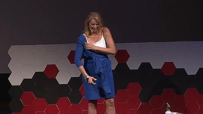 Tracy Spicer makes a point about the vanity of women, by stripping off during a TEDx talk. Picture: Supplied 