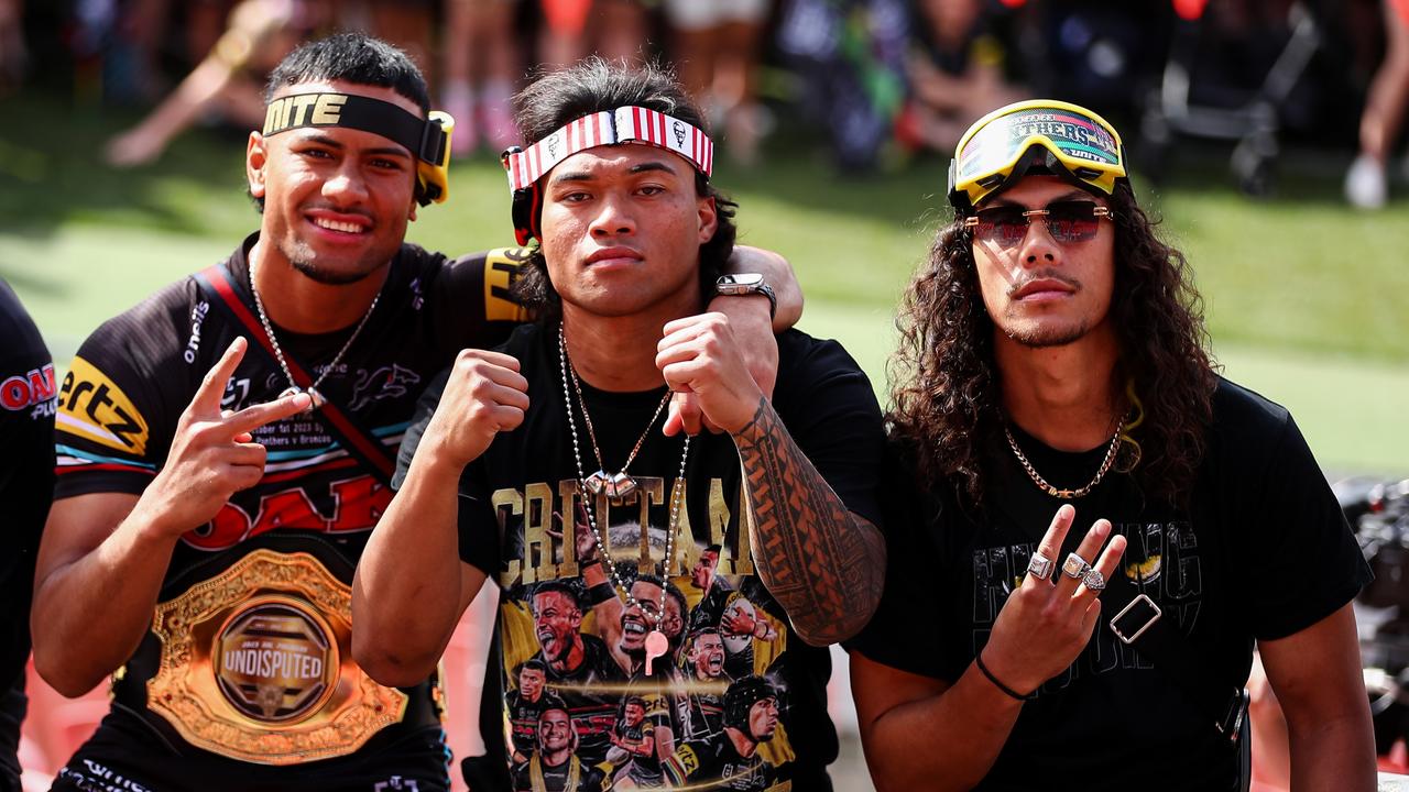 Great mates Stephen Crichton, Brian To’o and Luai will all be at different clubs in 2025 after winning three titles together at Penrith. Picture: NRL Photos