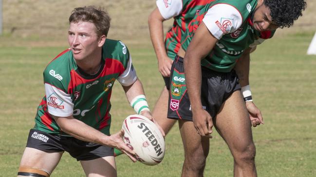 Alex Kahler fires off a pass for Pittsworth. Picture: Nev Madsen.