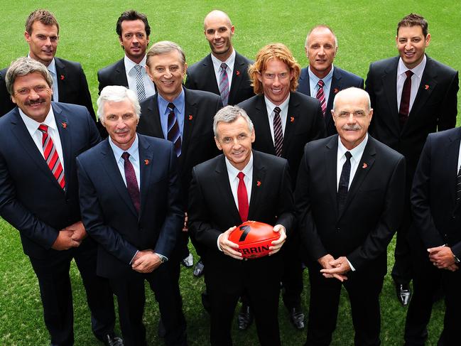 Channel 7 footy team,, Front row, Mick Malthouse, Bruce McAvaney Leigh Matthews, Middle row : Brian Taylor,, Dennis Cometti, Cameron Ling and Brett Kirk Back Row : Luke Darcy , Luke Darcy, Hamish McLachlan, Tim Watson Basil Zempilas and Matthew Richardson.,