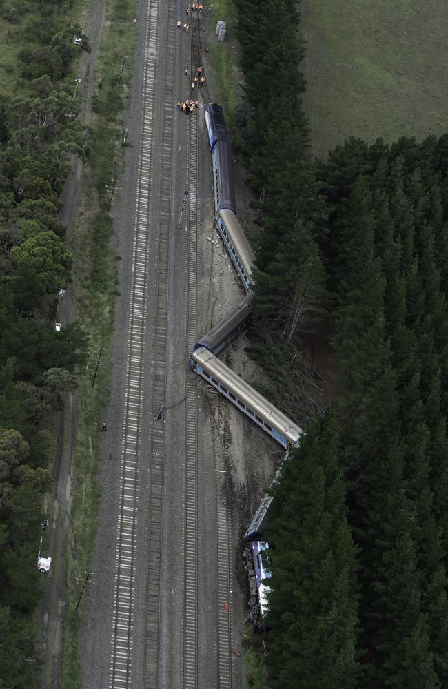 The locomotive and first carriage crashed into trees at the side of the track. Picture: Tony Gough