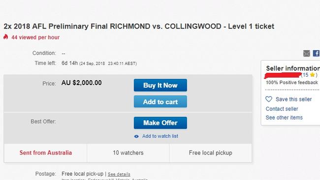 Richmond Collingwood preliminary final tickets advertised on eBay