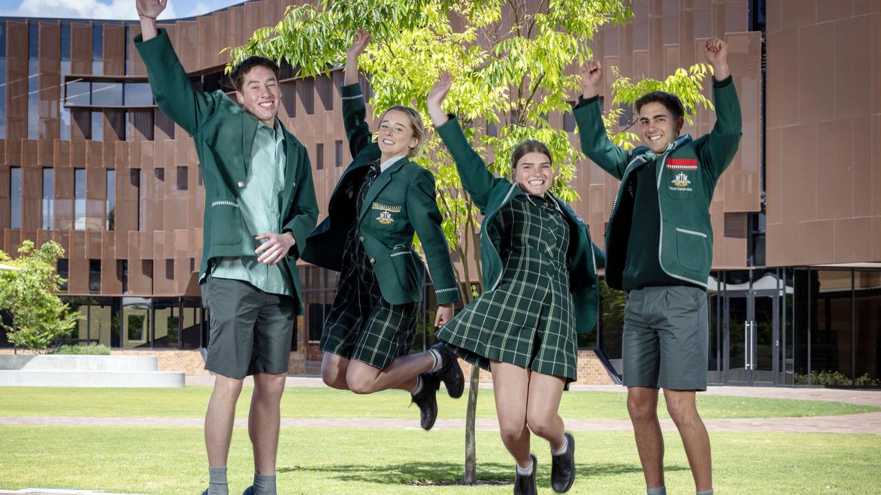 Jumping for joy at being finished school are, from left, Jack Whittlesea from Bordertown, Leila Croker from Mt Gambier, Milly Schwartz from Waterloo near Clare and Daniel Will from near Bordertown. Picture: Emma Brasier.