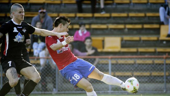 Bonnyriigg's Yuta Kokada with the kick that scored Bonnyrigg their second goal.