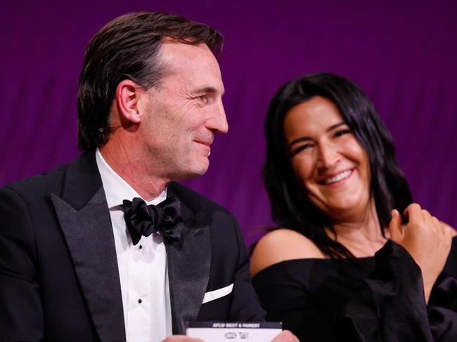 MELBOURNE, AUSTRALIA - NOVEMBER 25: Andrew Dillon, Chief Executive Officer of the AFL and Laura Kane, AFL Executive General Manager of Football are seen during the 2024 W Awards at Crown Palladium on November 25, 2024 in Melbourne, Australia. (Photo by Dylan Burns/AFL Photos via Getty Images)