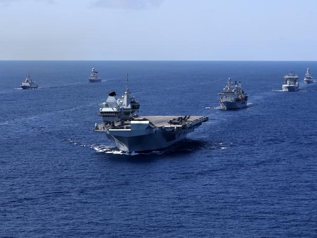 Pictured here is the NATO Standing Maritime Group with UK Carrier Strike Group.   NATO STANDING MARITIME GROUPS WITH CARRIER STRIKE GROUP  HMS Queen Elizabeth and the UK Carrier Strike Group joined ships from NATO Standing Maritime Groups One and Two for an impressive display of maritime power in the Eastern Atlantic on 28 May 2021. The rendezvous was part of Steadfast Defender 21, a large scale defensive exercise designed to test NATOâs ability to rapidly deploy forces from North America to the coast of Portugal and the Black Sea region.   HMS Queen Elizabeth is the deployed flag ship for Carrier Strike Group 21(CSG21). CSG21 will see the ship along with the Strike Group work with over 40 countries from around the world. The Strike Group will operate and exercise with other Countries Navies and Air Forces during the 7 month deployment.   The Strike Group includes ships from the United States Navy, The Dutch Navy, and Marines from the US Marine Corps. As well as UK Frigates, Destroyers two RFA supply ships and air assets from 617 Sqn, 820 NAS, 815 NAS and 845 NAS. This will be the largest deployment of Fifth Generation Fighter Jets in history.