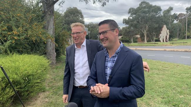 Liberal MLA Mark Parton and ACT Senator Zed Seselja announce funding to upgrade four of the ACT’s horror intersections. Picture: Julia Kanapathippillai