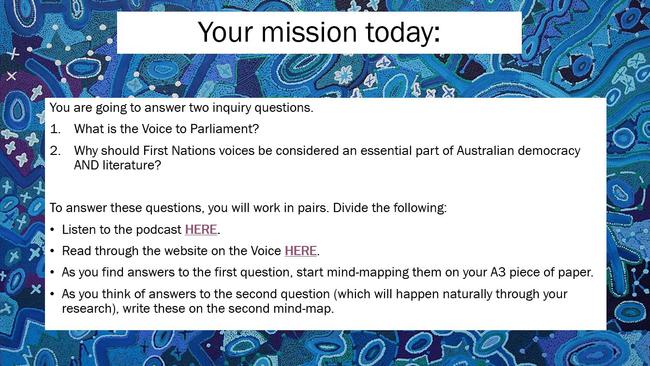 Slide from a presentation shown to Year 9 English students at William Clarke College, teaching in favour of the Voice to Parliament. Students were directed to a Marcia Langton podcast interview and the ‘Yes’ campaign website.