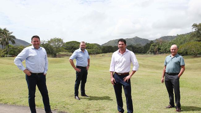 The Palms Collection development is set to become the very first EnviroDevelopment in Far North Queensland. Paradise Palms managing director Darren Halpin, Property Shop Cairns sales and marketing manager Ben Johnston, planning director Evan Yelavich and managing director of International Management and Consulting Group Kim Thomas at the former greens of the Paradise Palm country club. Picture: Brendan Radke