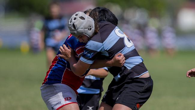 Under-14 and Under-15 finals of the King of the Country rugby union tournament at Gold Coast Eagles Rugby Union Club on Sunday 10 April 2022. Under 14's playing for 3rd place, Bond Pirates (Red) vs Maroochydore Swans. Picture: Jerad Williams