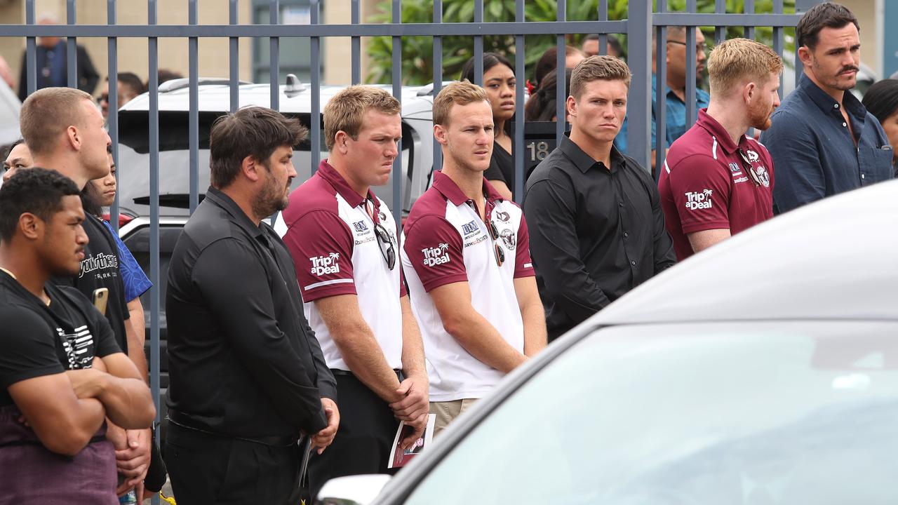 Manly players Jake Trbojevic, Daly Cherry-Evans, Reuben Garrick and Brad Parker form a guard of honour. Picture: Brett Costello