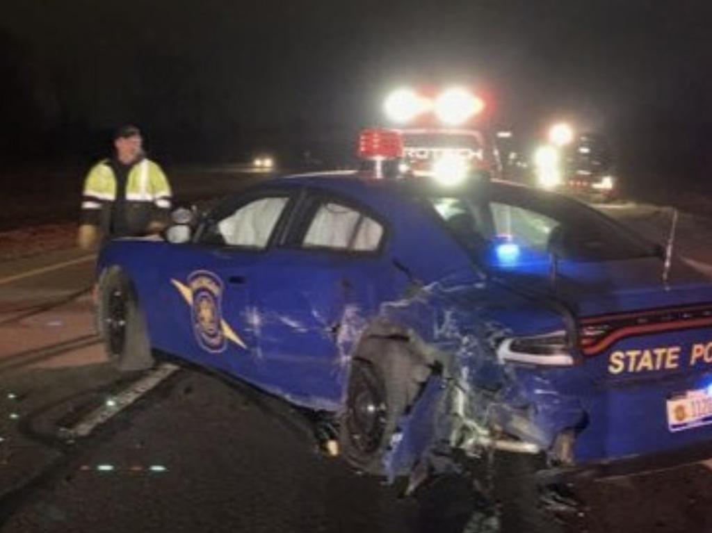 Tesla Model Y crashes in state police car. Source: Michigan State Police Twitter.