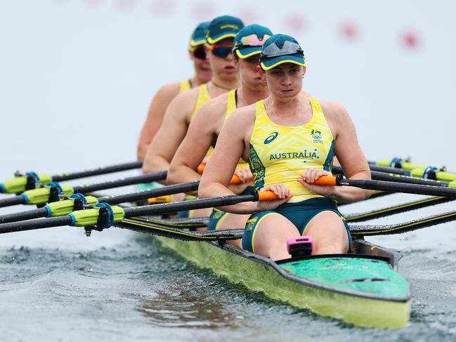 Rowena Meredith, Laura Gourley, Ria Thompson and Caitlin Cronin represent Australia in the Women’s Quadruple Sculls at the Paris Olympics. Picture: Getty Images