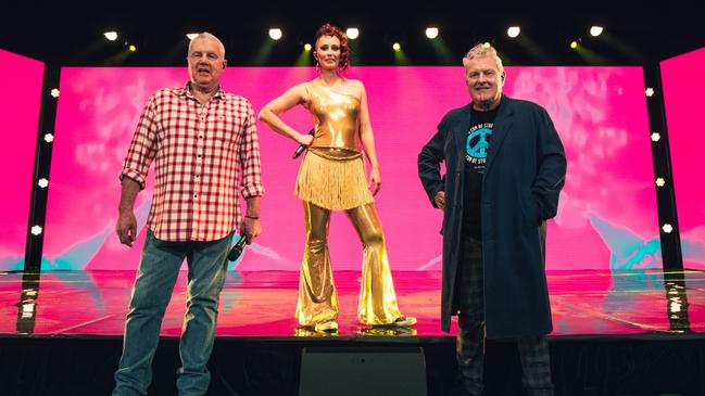 Daryl Braithwaite, Laura Davidson and Ross Wilson on the set of The Sound. Pic: Mushroom Creative