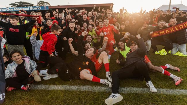 Preston Lions celebrate promotion to NPL. Picture: Matt Johnson