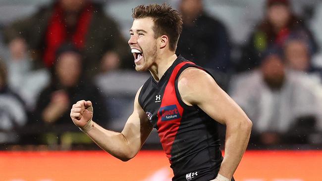 AFL Round 16.  Geelong vs Essendon at GMHBA Stadium.  02/07/2021.   Zach Merrett of the Bombers celebrates a goal during the 3rd qtr.    .  Pic: Michael Klein