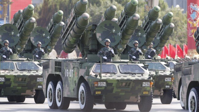 China's missiles are carried in Beijing's Tiananmen Gate during a military parade marking China's 60th anniversary in October 2009. (AP Photo/Vincent Thian)