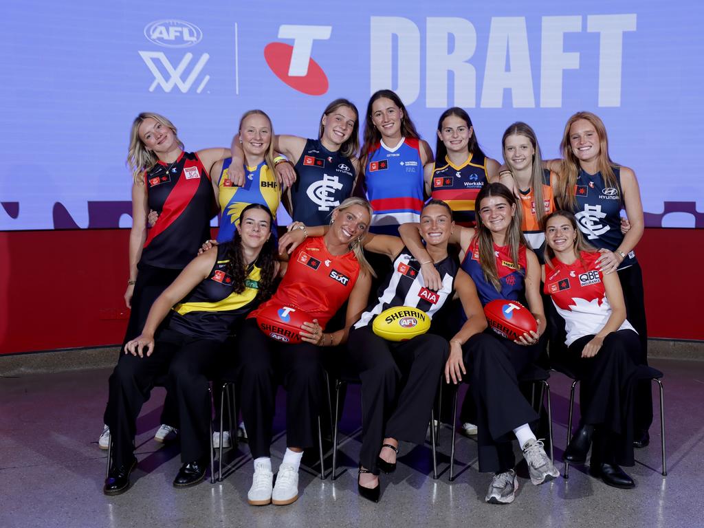 Centra, pictured bottom centre amid some of the other first round picks, also had a legendary best-on-ground game last season after catching a red-eye flight from a national championships match and not sleeping a wink. (Photo by Dylan Burns/AFL Photos via Getty Images)